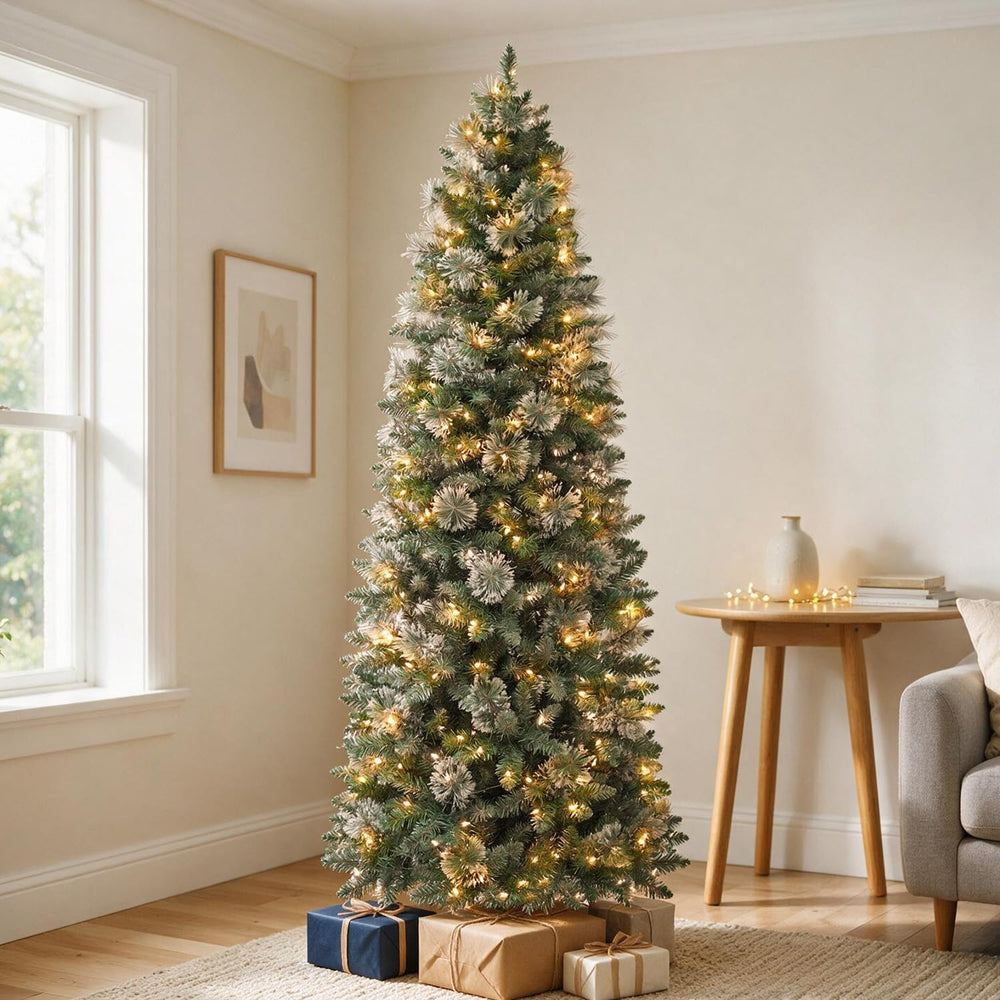 7.5FT Artificial Hinged Prelit Slim Christmas Tree, Pine Needles