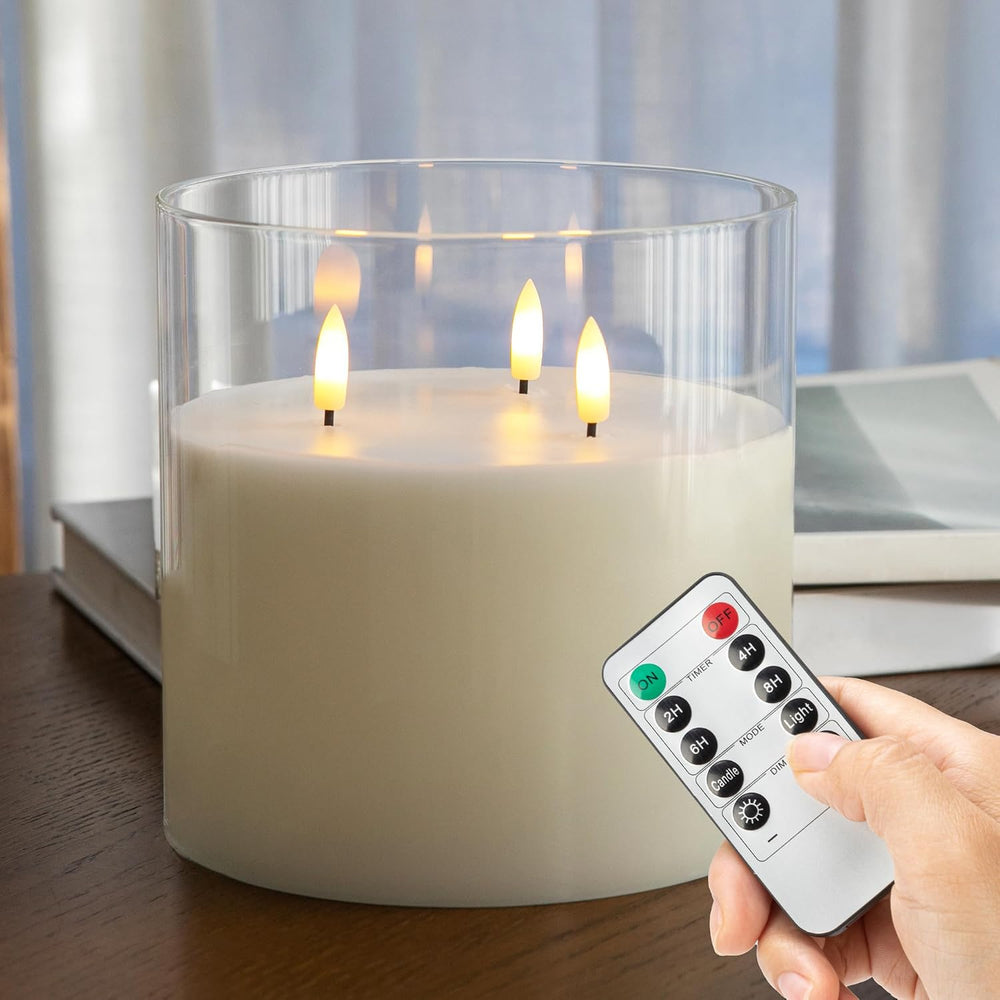 Extra Large Flameless Candles with 3 Wicks, 6"x6" Glass Battery Ope...