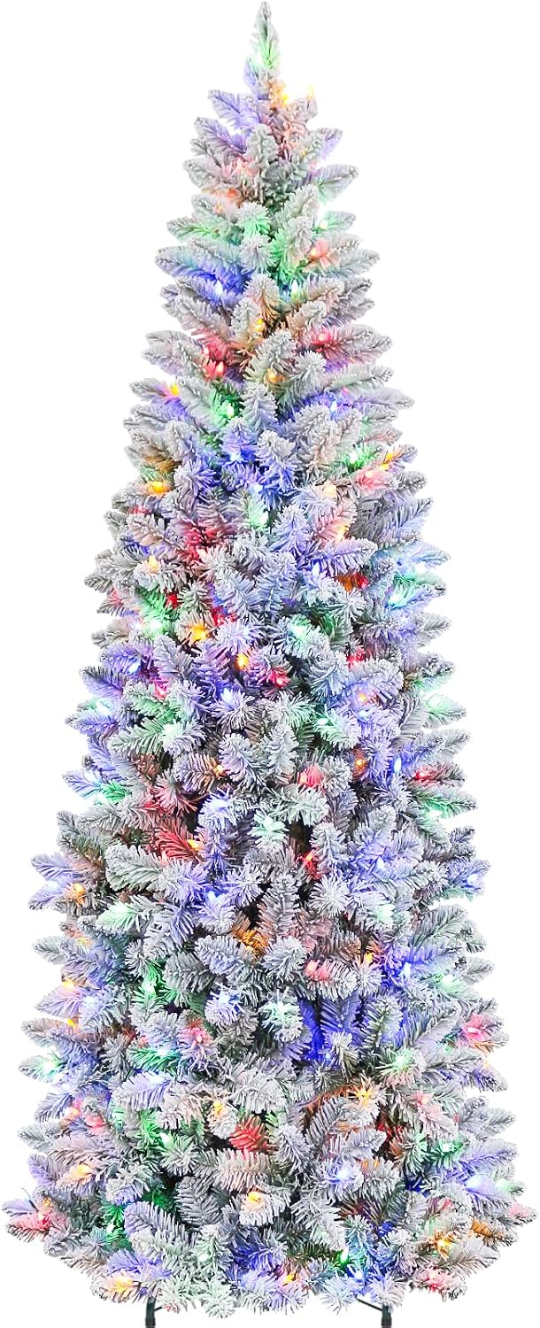 Hykolity 7.5 ft Prelit Snow Flocked Pencil Slim Christmas Tree (Sold Exclusiv...