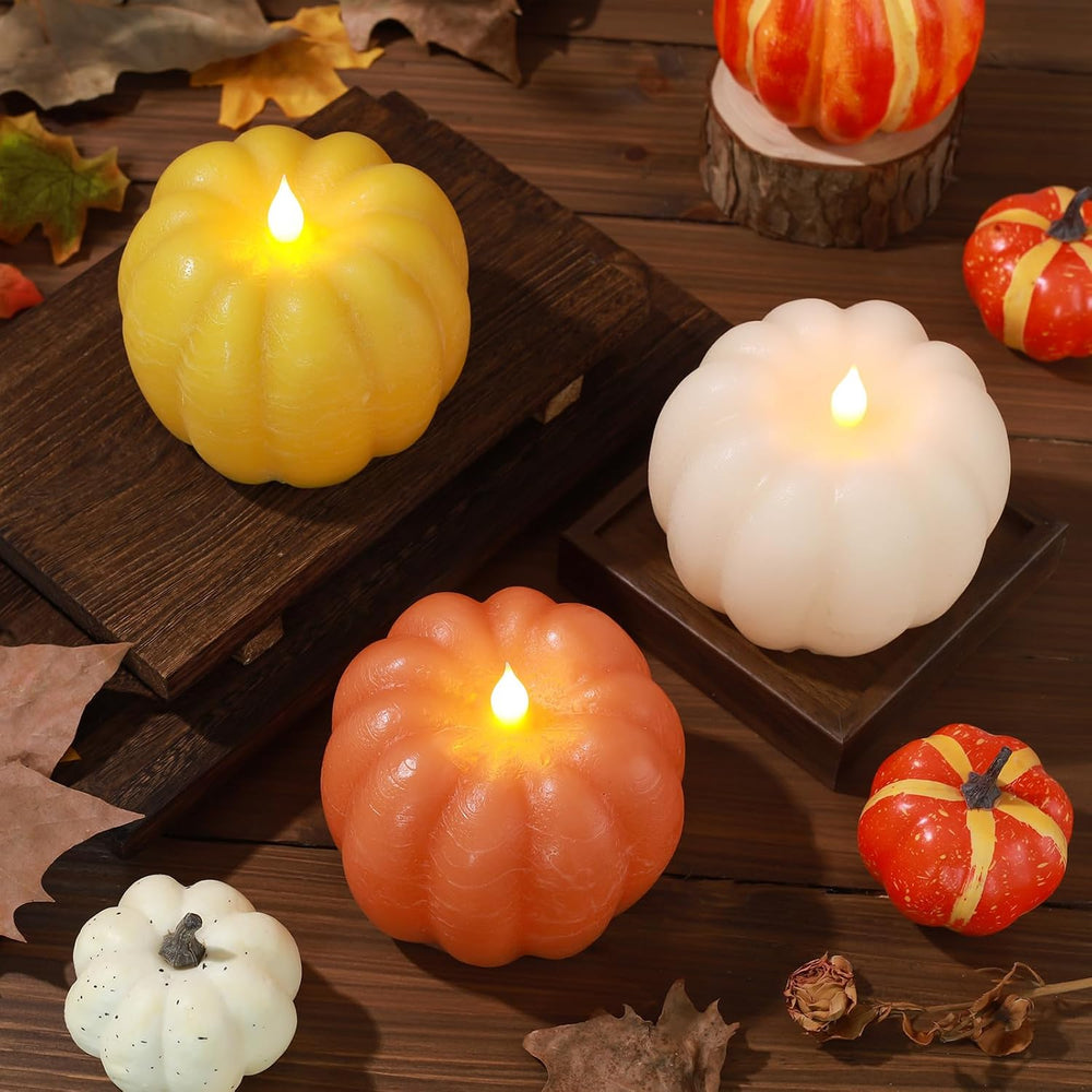3 Pack Flameless Pumpkin Candles Real Wax Flickering LED Remote Timer
