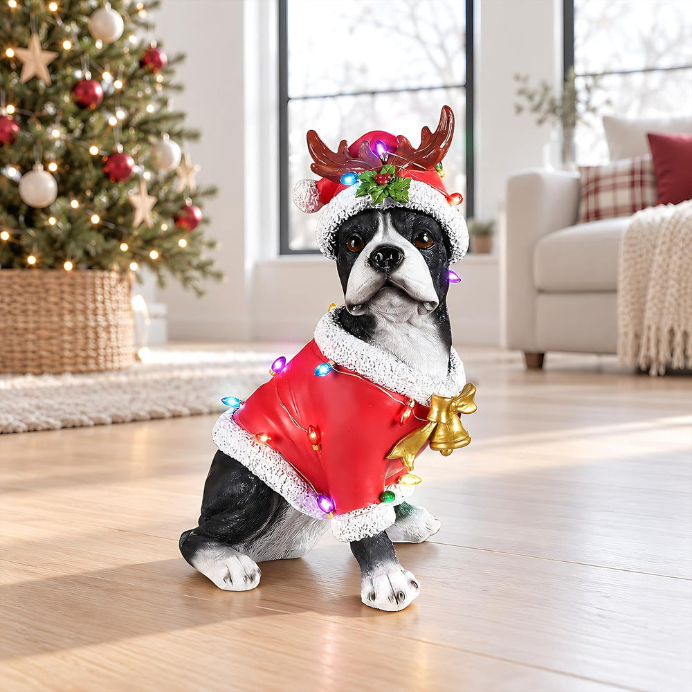 Lighted Christmas Bulldog Statue with Antler Hat