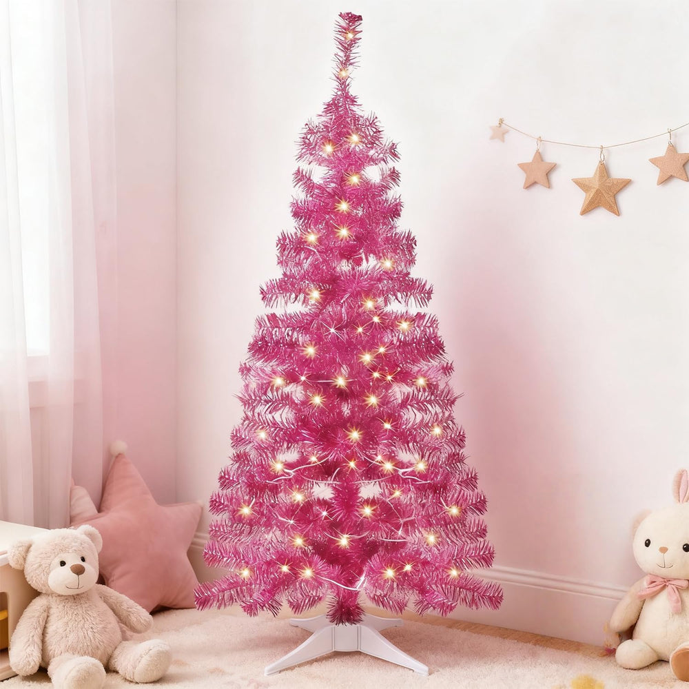 Juegoal Pink Artificial Tree, 4 FT Pre-lit Christmas Tree, Lighted Tinsel Pen...