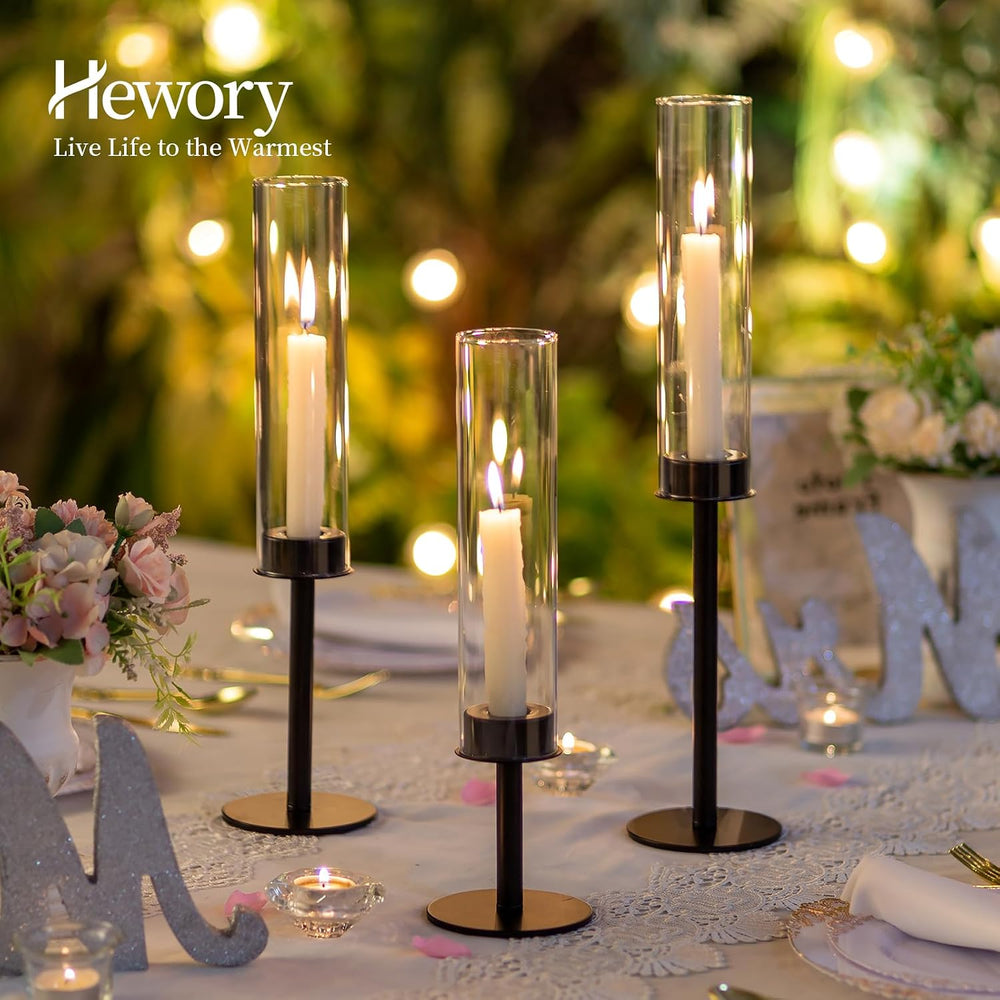 Hewory Black Candlestick Holders: 6PCS Glass Hurricane with Metal Base