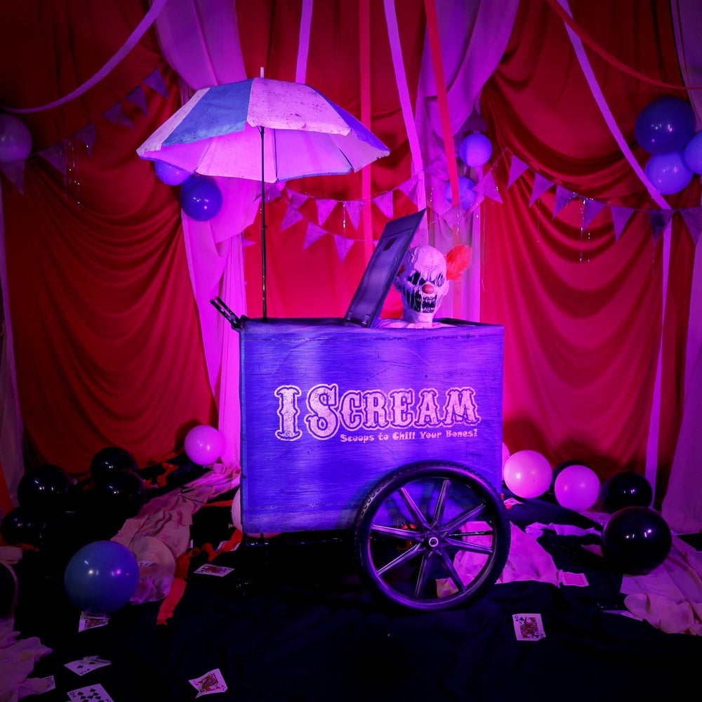 Haunted Hill Farm 6-Ft. I Scream Cart Clown Animatronic Scary Decoration