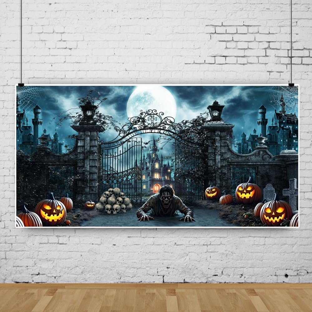 20x10ft Scary Halloween Night Eve Backdrop Horror Iron Gate Pumpkin Lantern C...