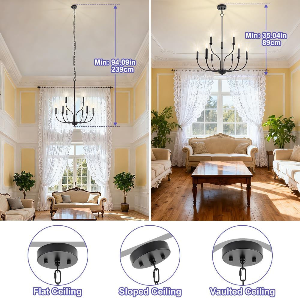 Black Chandelier Candle Style, 9-Light Farmhouse Chandelier 27’’