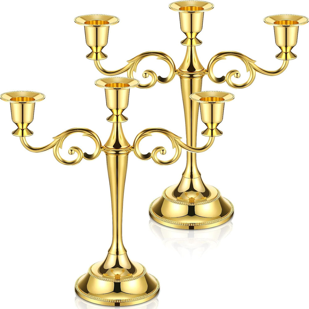 2 Pcs 3 Arm Metal Candelabra Gold Candlestick Holders 10 Inch
