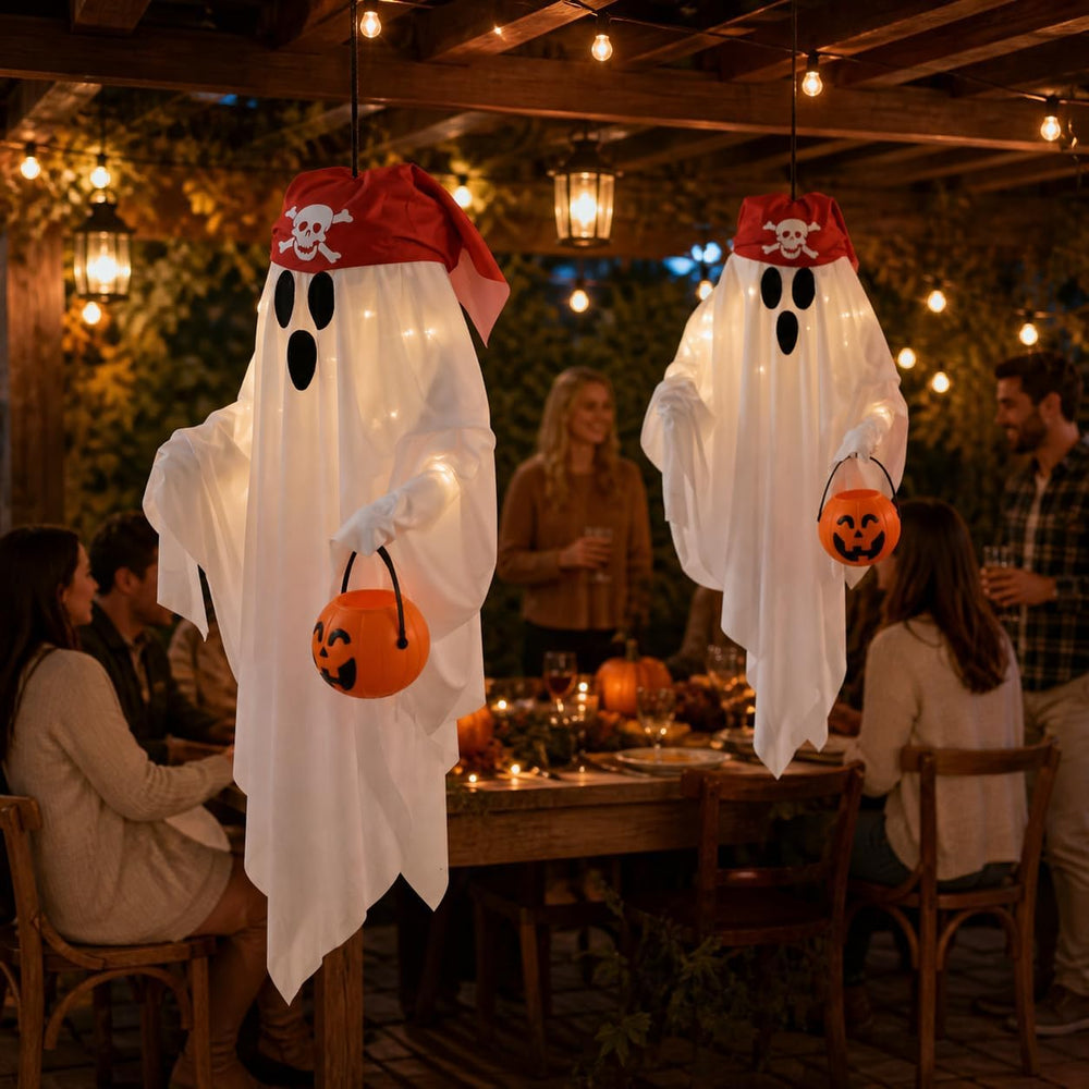 JPXH 2 Pack Hanging Pirate Ghost Decorations with Lights for Halloween