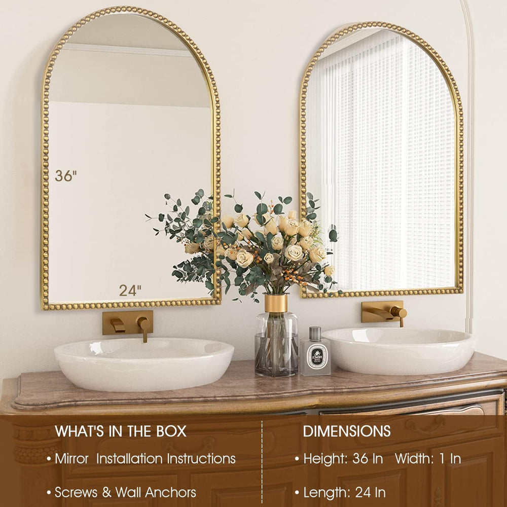 Arched Wall Mirror for Bathroom - 24"x36" Metal Beaded Frame Decora...