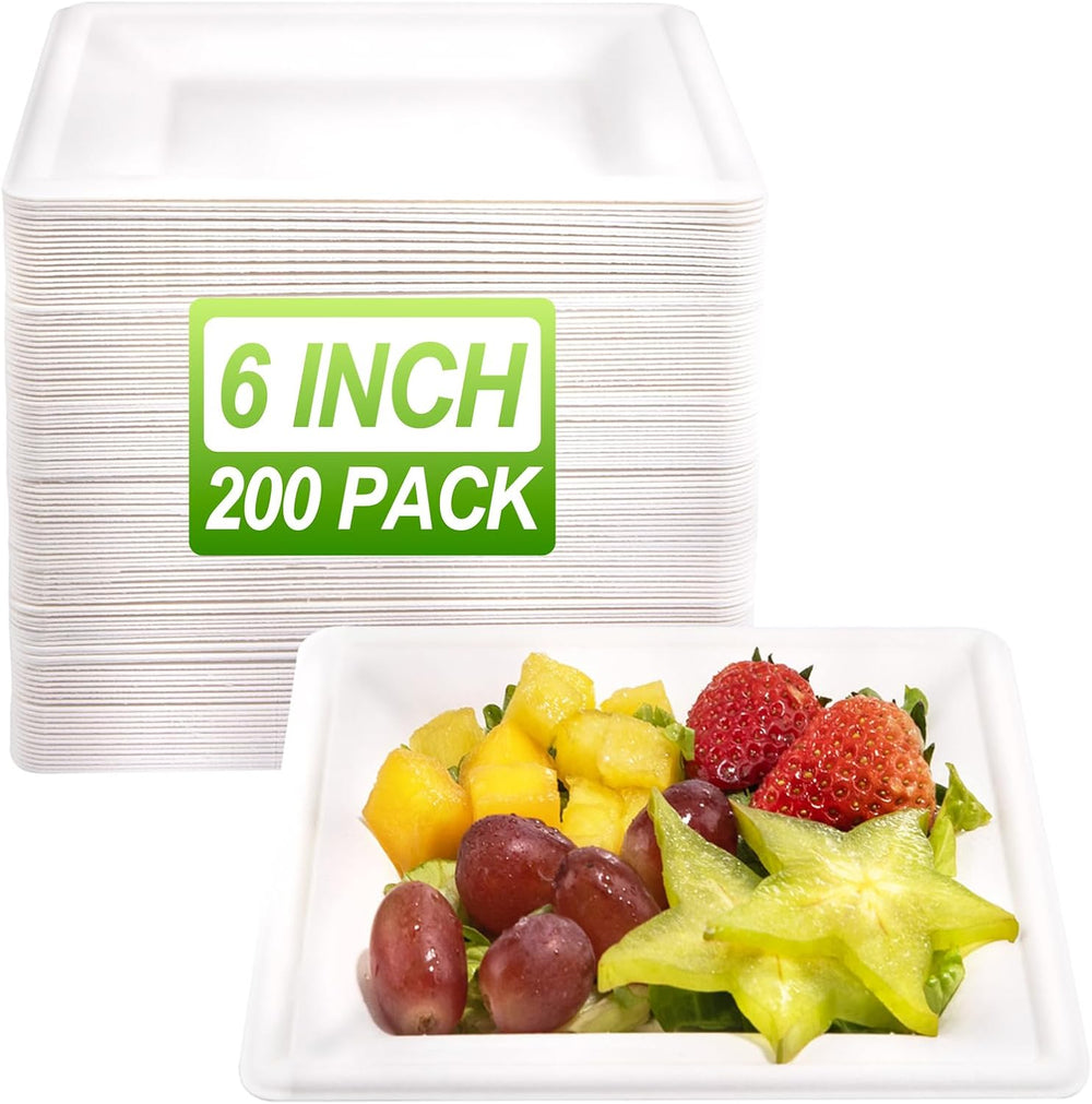 LIYH 200 Pack 6 Inch Compostable Sugarcane Square Small Paper Plates – Biodeg...