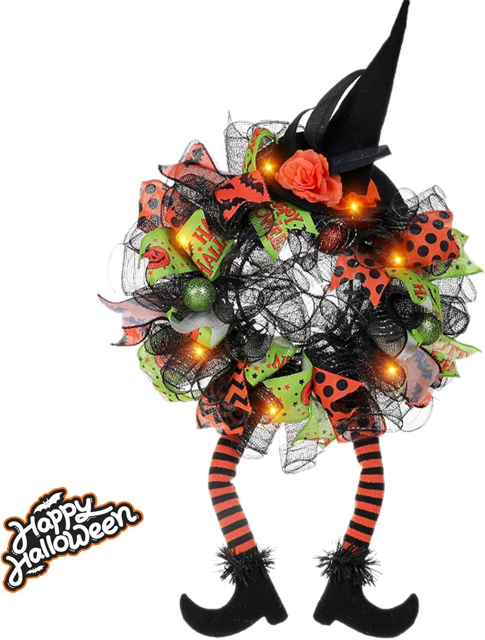 Halloween Witch Mesh Hat Legs Wreath, Front Door Decoration