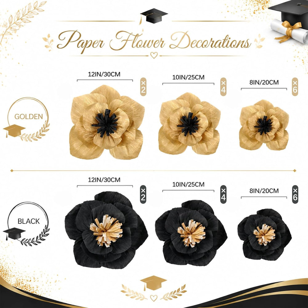 Cholemy 24 Pcs Tissue Paper Flowers 8" 10" 12", Black, Gold