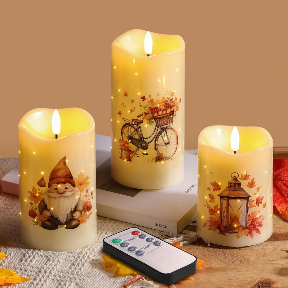 Fall Fiber Optic Flameless Pillar Candles with Remote Set of 3