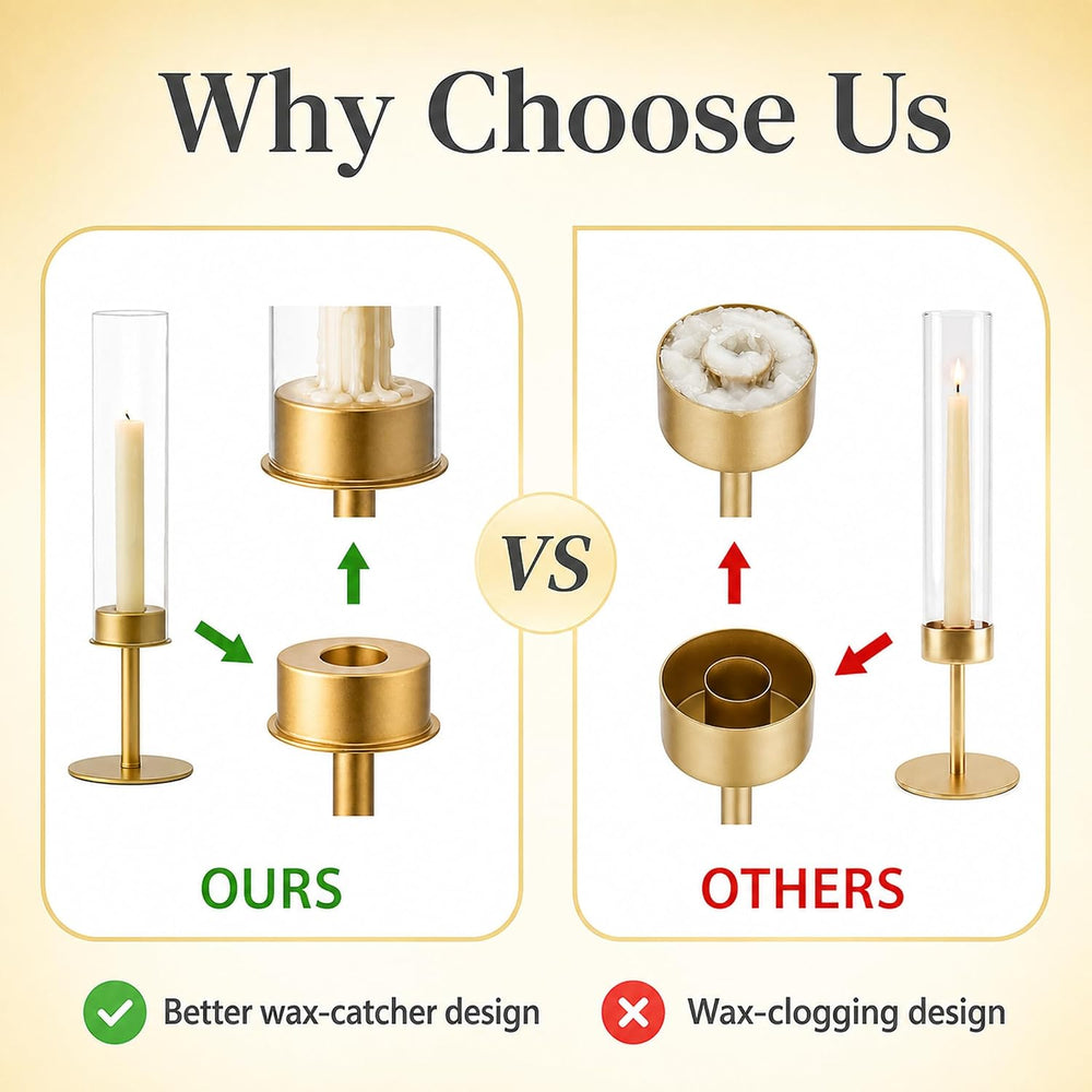 Hewory Gold Candlestick Holders: 6PCS Glass Hurricane with Brass Base