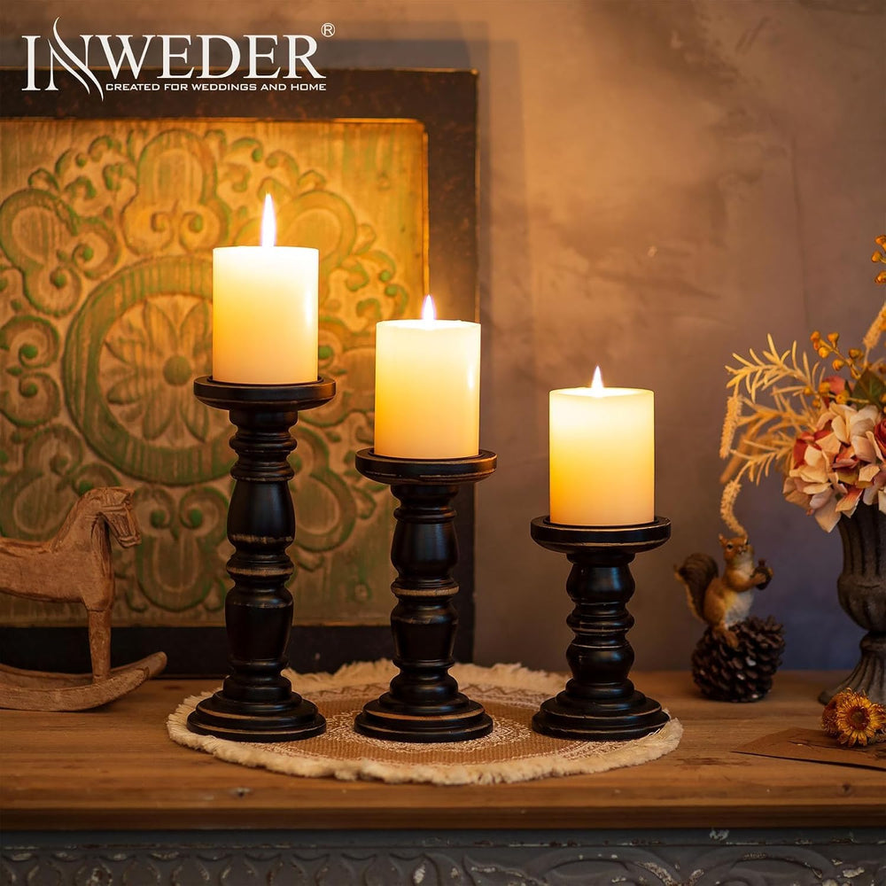Wood Pillar Candle Holder: Rustic Distressed Black Candle Stand