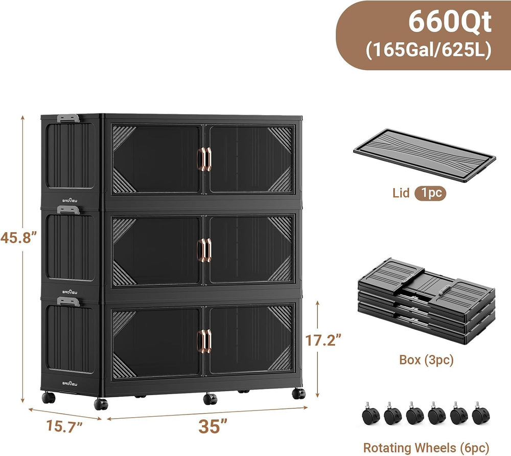 Broview V60 660QT Plastic Stackable Storage Bins with Lid, 3Pack Black