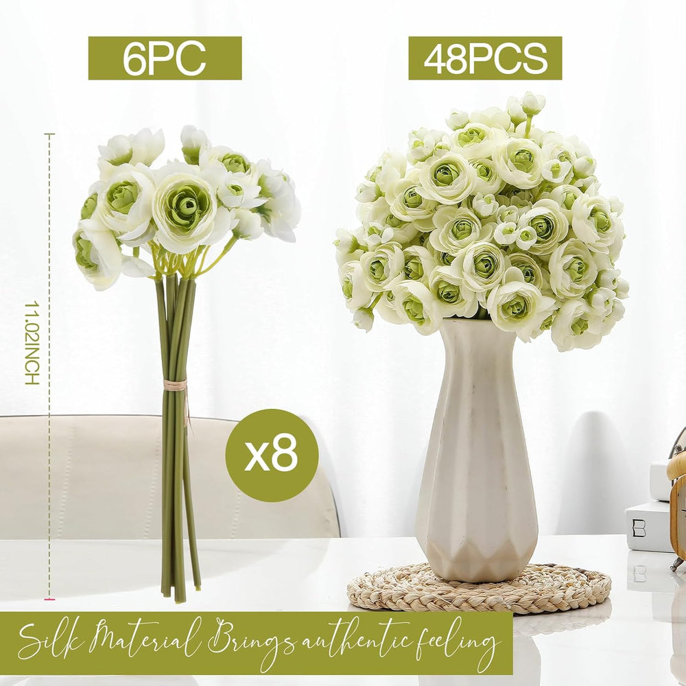 Giegxin 48 Pcs Ranunculus Artificial Flower, White,Green
