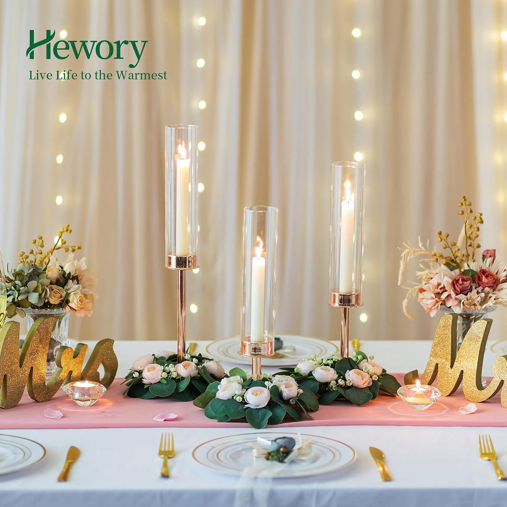 Hewory Gold Candlestick Holders: 6PCS Cylinder Glass Hurricane for Tapers