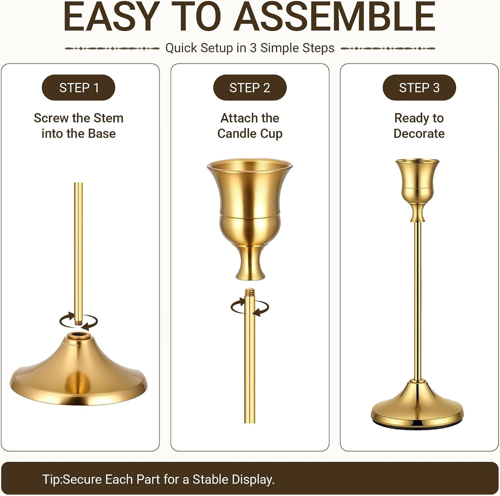 48 Pack Gold Taper Candle Holders, Bulk Metal Candlestick Holders in 3 Height...