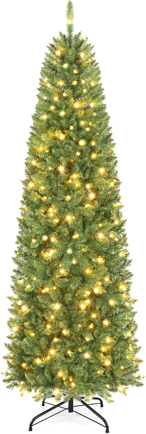 Goplus 7ft Pre-Lit Pencil Christmas Tree with 350 Warm White LED Lights
