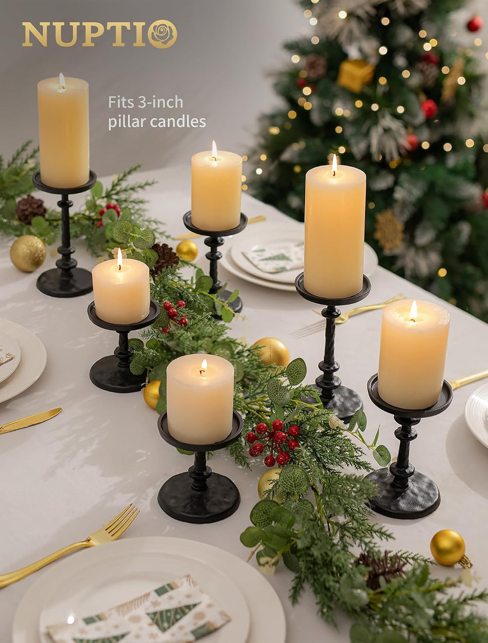 NUPTIO Black Candle Holders for Pillars: Cast Iron Candle Stand Set of 3