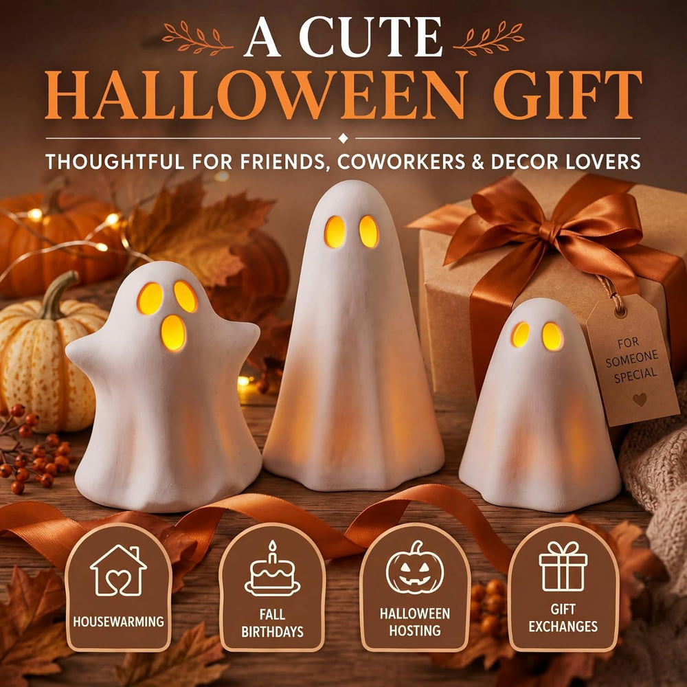 LemonRoad 3 Pcs Halloween Terracotta Ghost Decor Indoor Tealight Holder