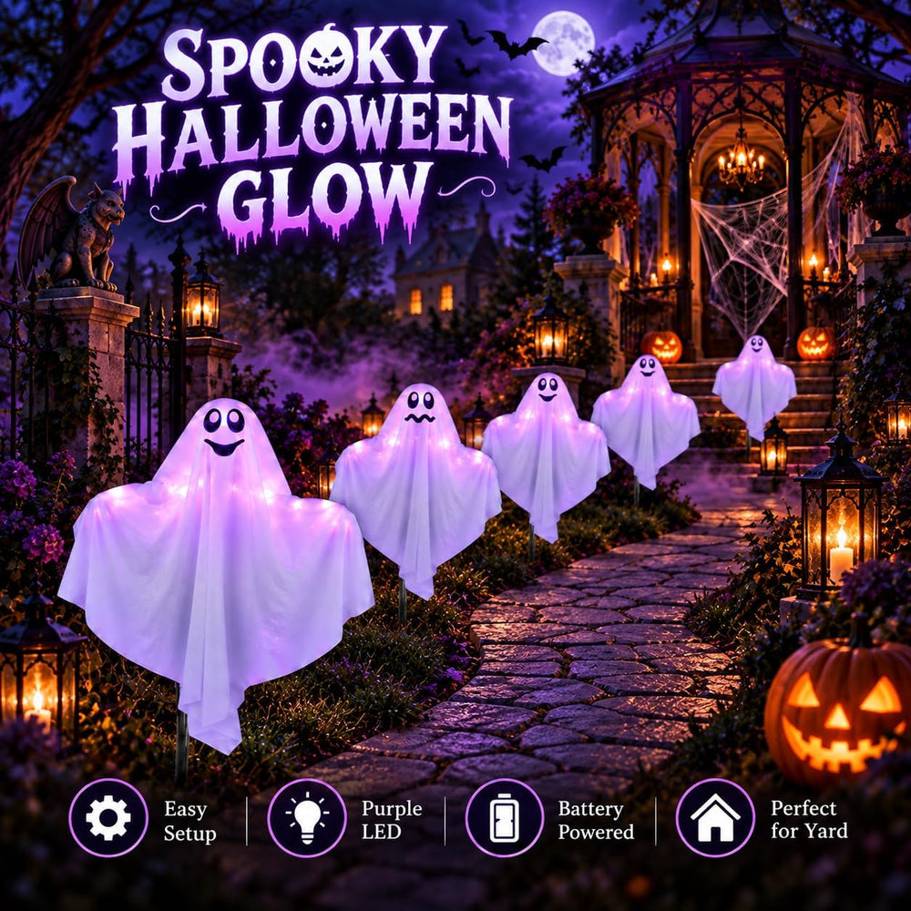 5 Pack Lighted Ghost Halloween Decorations Outdoor, 21" Cute Glowing Pur...