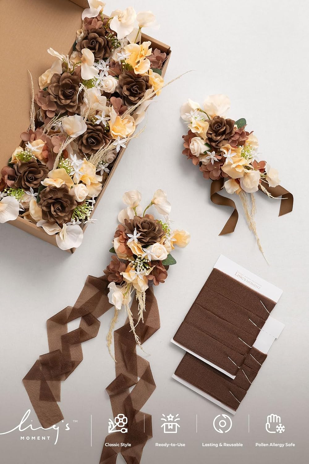 Ling's moment 8pcs Wedding Artificial Aisle Pew Flowers, Brown Soft Peach