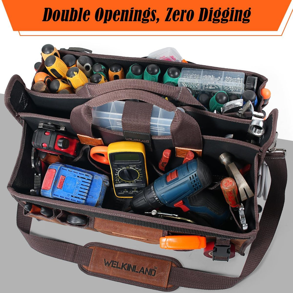 WELKINLAND 21-Pockets Waxed Canvas Tool Tote, 18-Inch Electrician Tool Bag