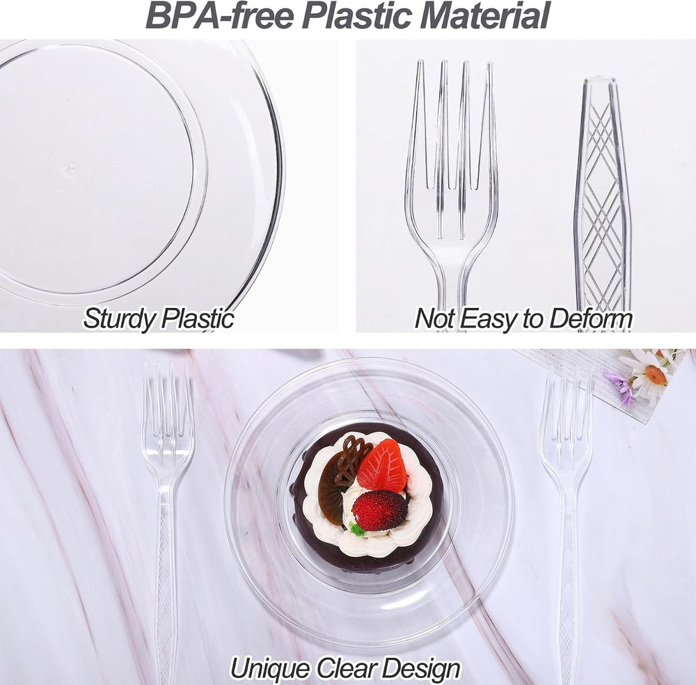 300 Pieces Clear Disposable Plastic Plates with Plastic Forks 5.5 Inch Desser...