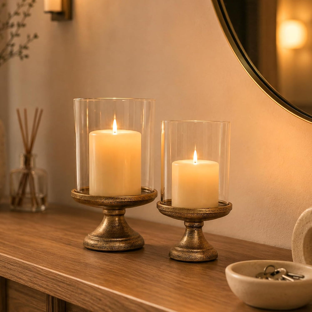 Hurricane Candle Holder with Glass Cylinder Antique Brass Iron Base