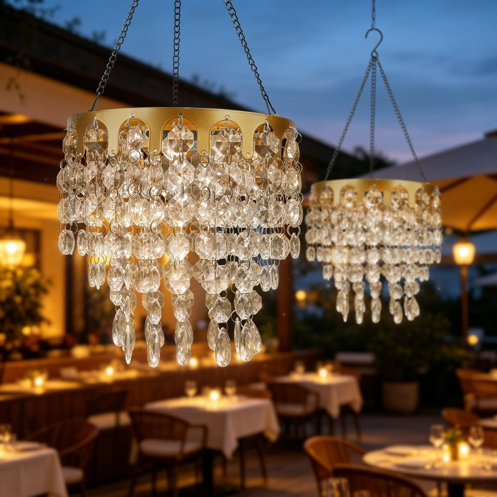 Solar Powered Hanging Chandelier Gold Metal Frame Acrylic Crystal LED Light