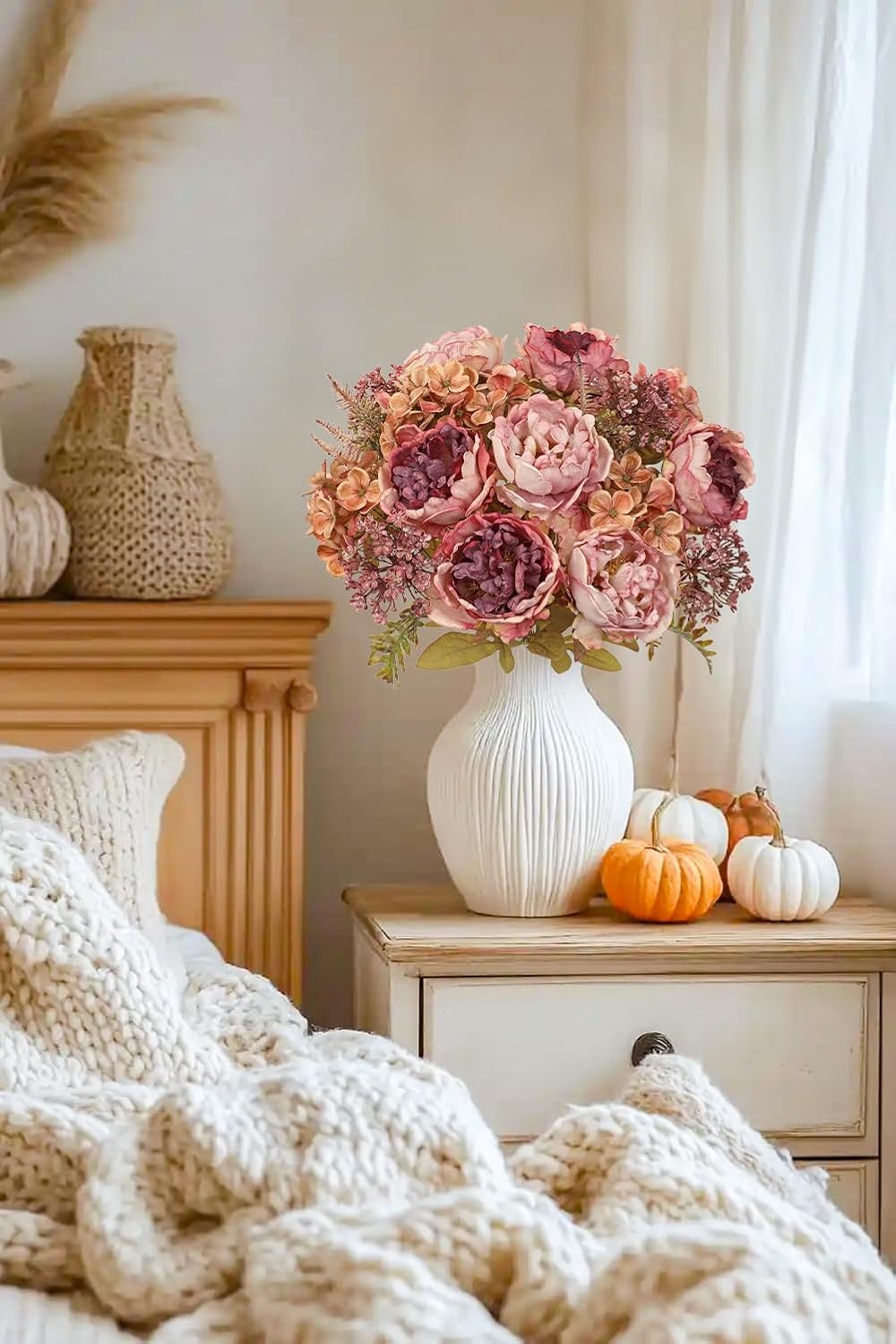 Hollyone 2Pcs Artificial Fall Flowers Bouquet 18.8" Pink Dried Peony Hyd...