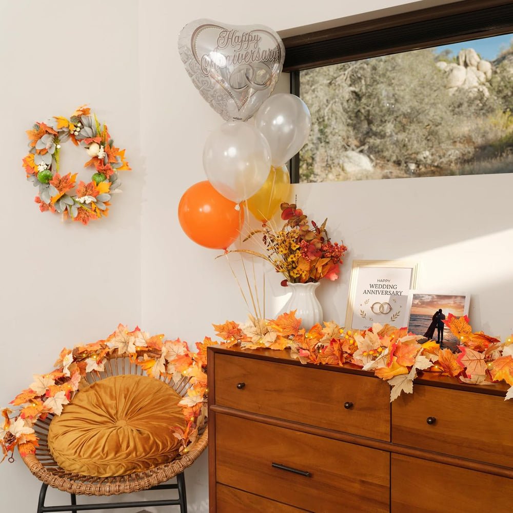 4 Pack Fall Garland with Lights, Artificial Autumn Maple Leaves Vines with LE...