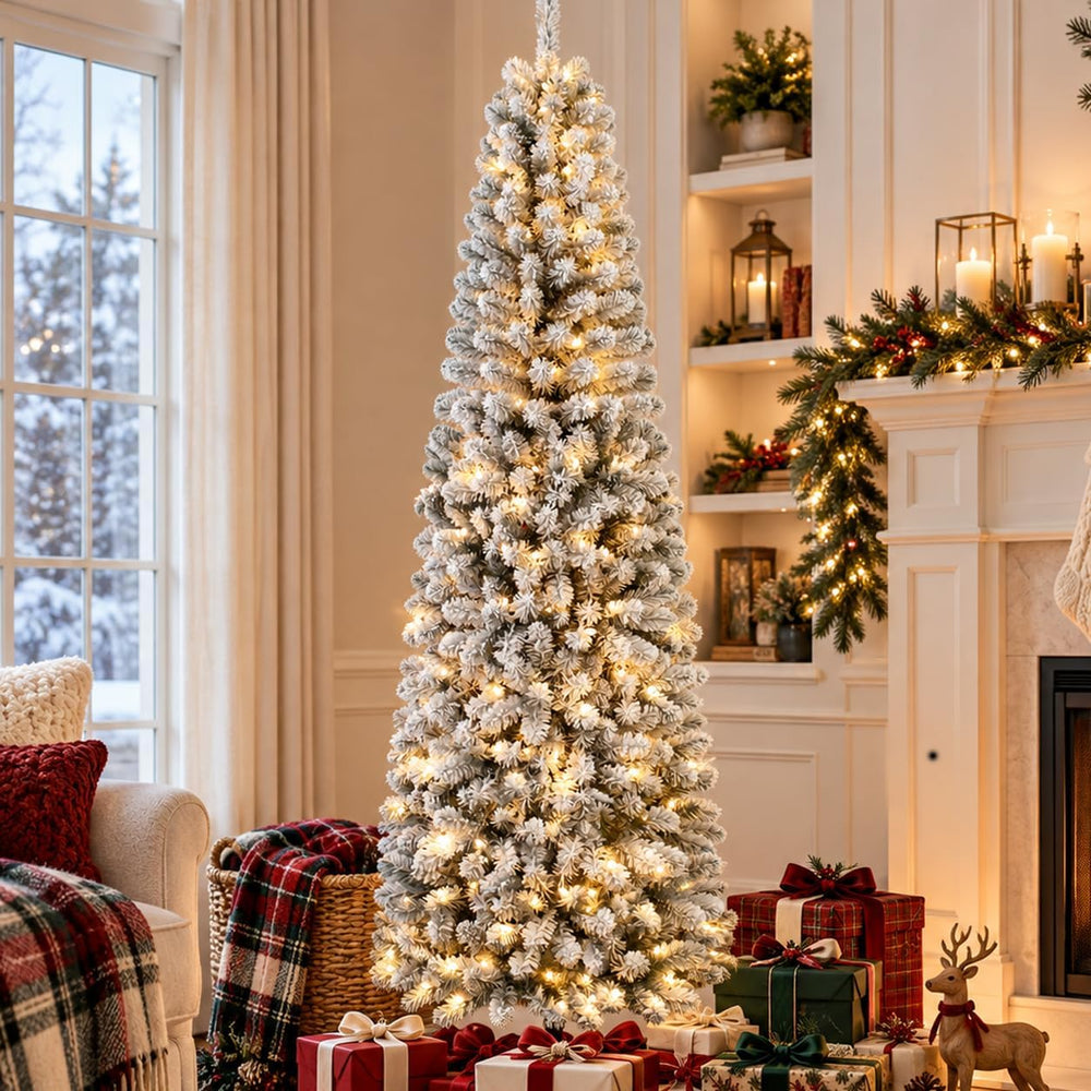 7ft Prelit Slim Pencil Flocked Artificial Christmas Tree-WarmWhite