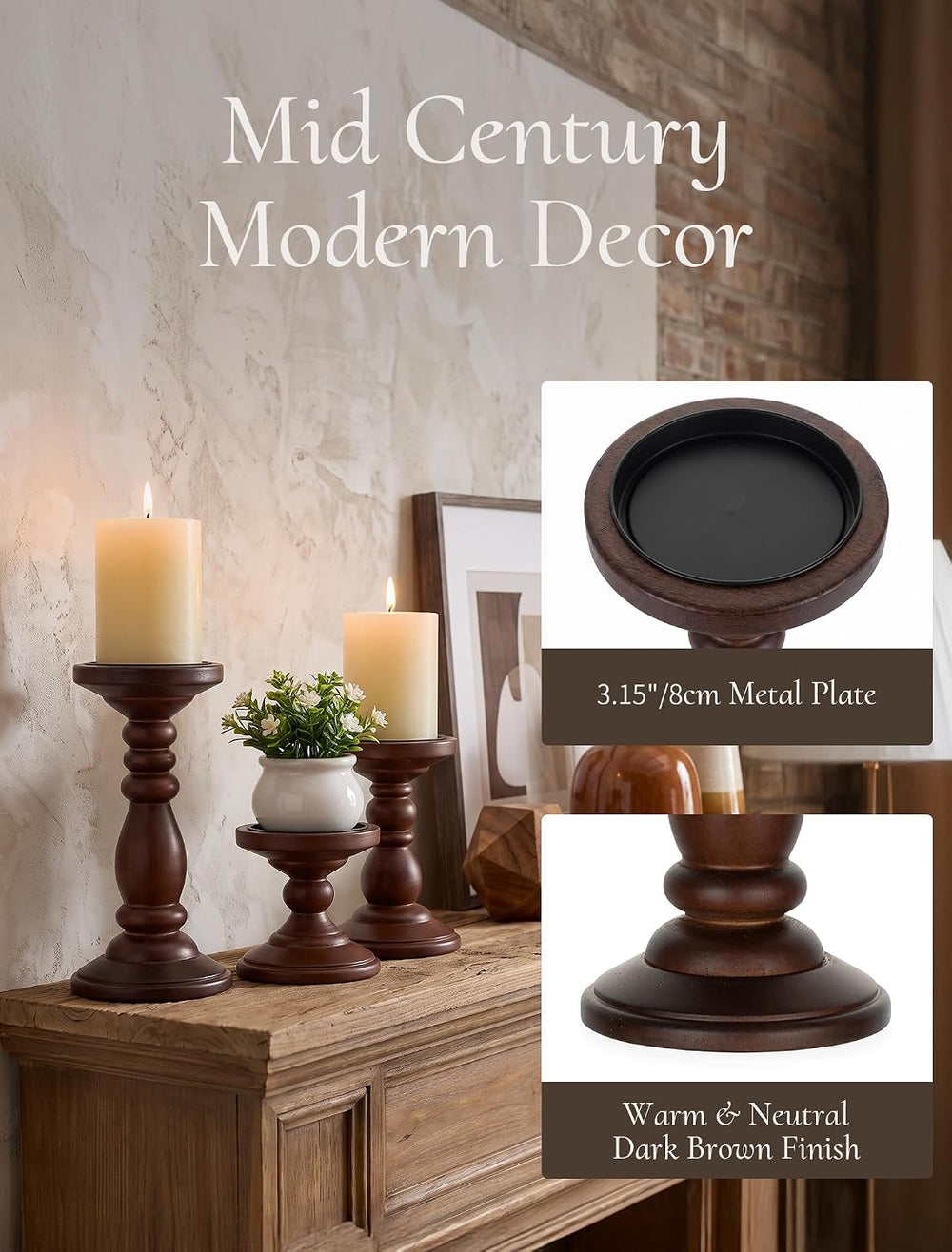 Wood Pillar Candle Holder: Mid Century Modern Brown Candle Stand