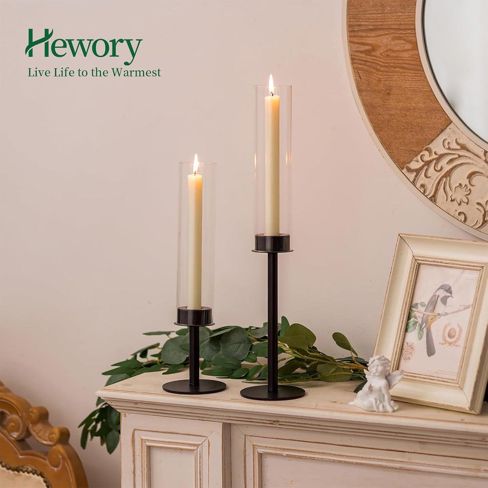 Hewory Black Candlestick Holders: 6PCS Glass Hurricane with Metal Base