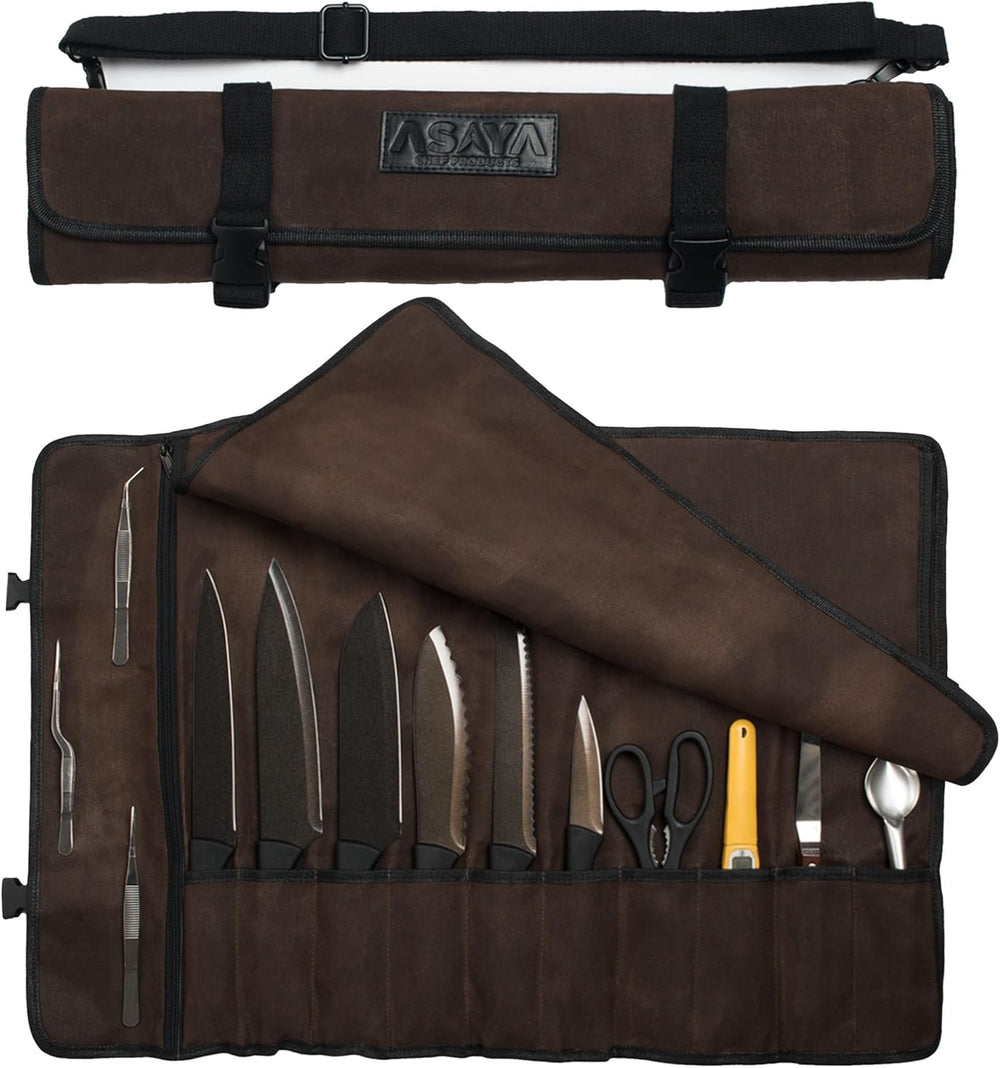Asaya Waxed Canvas Chef Knife Roll Bag with 10 Slots and a Zipper Pocket - Pr...