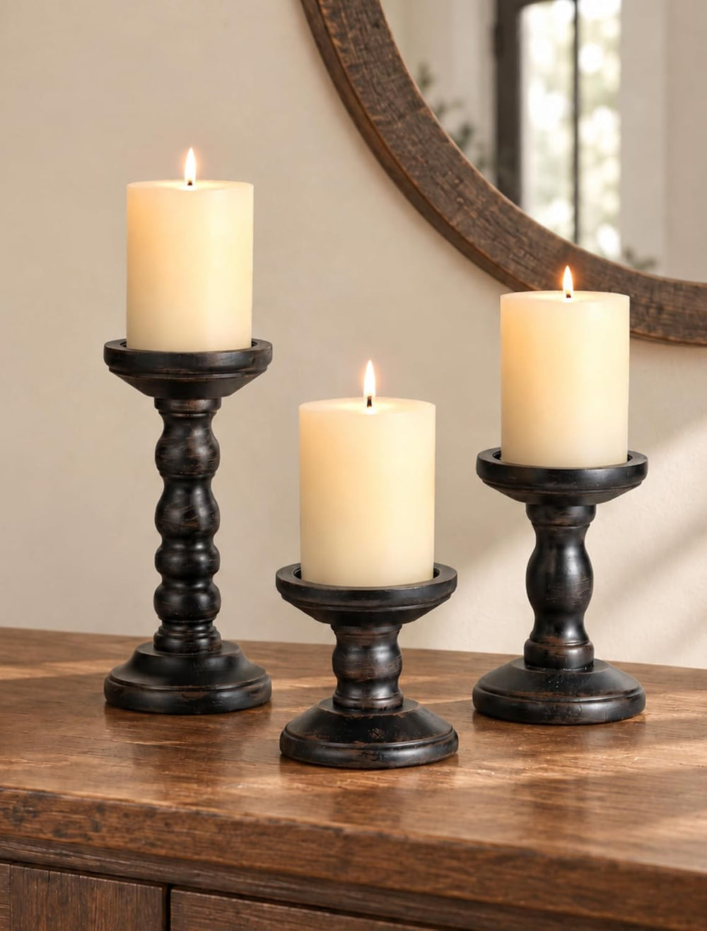 Romadedi Solid Wood Pillar Candle Holder, Black, Set of 3, 8.3/5.9/3.9-in
