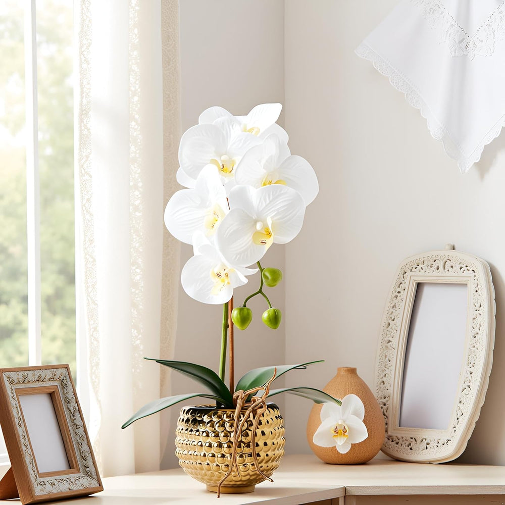 Orchids Artificial Flowers, 15" Faux Orchid in Gold Flower Pot Real Touc...