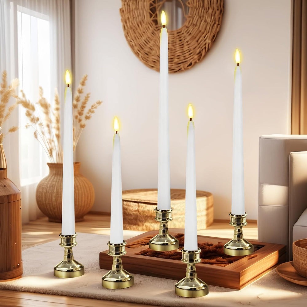 Rossesay 12 Pcs LED Taper Candles Holders, Gold Holder & White Candles