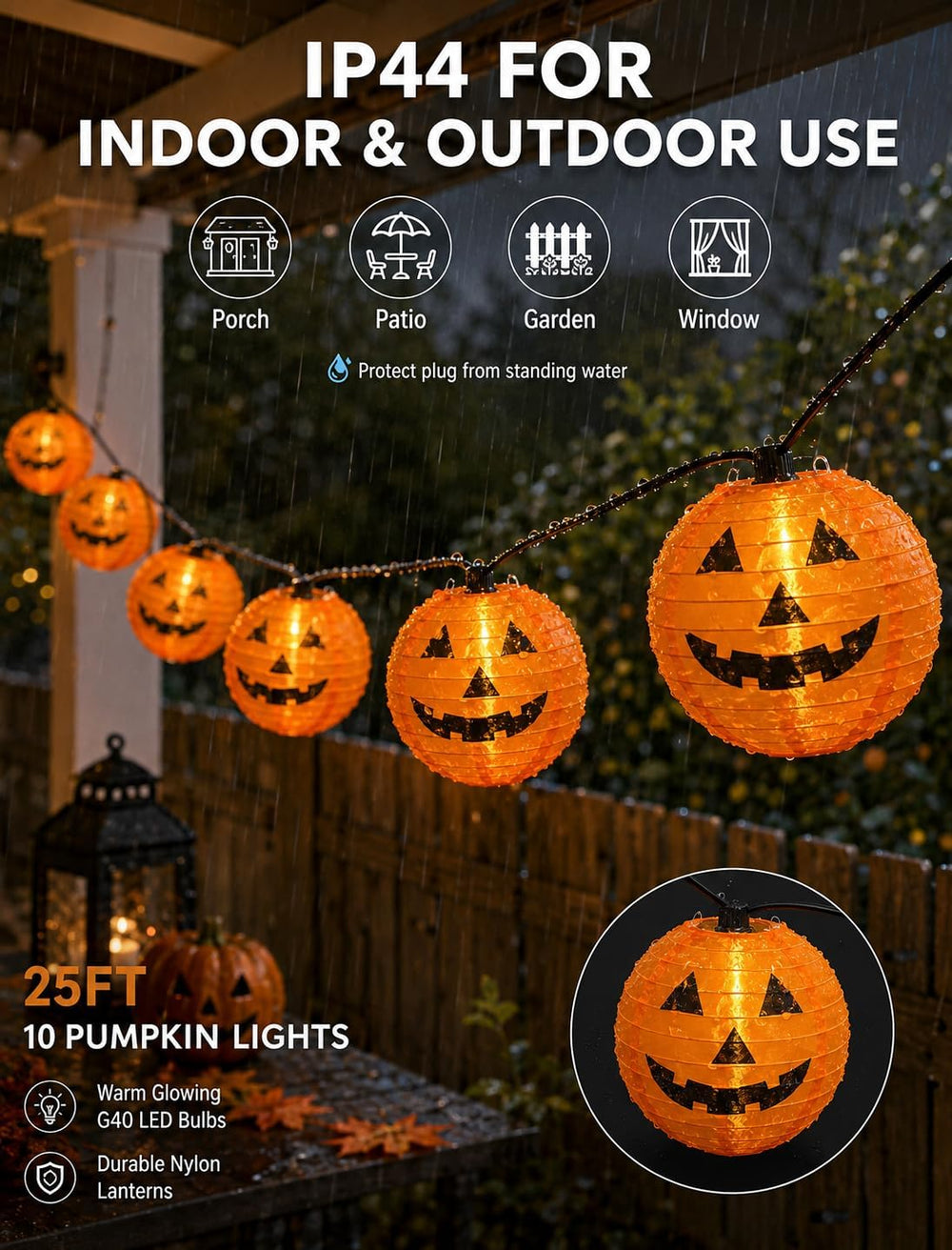 25FT Halloween Pumpkin Lantern String Lights, 10 Large Jack O'Lanterns