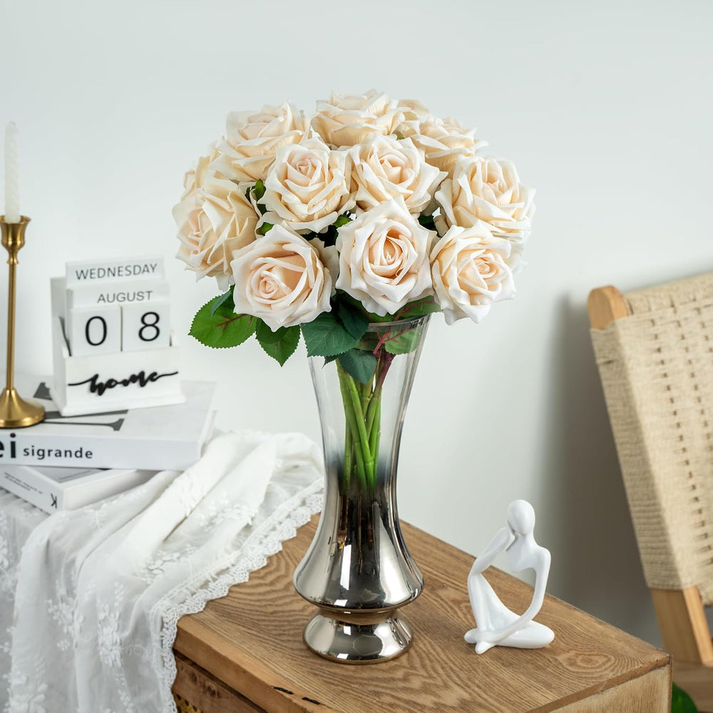 12PCS Artificial Roses with Stems, Realistic White Fake Roses, Silk Rose Flow...