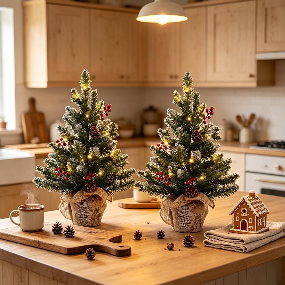 MEETYAMOR 2 FT Mini Christmas Tree, Set of 2 24" PE Prelit Small Artific...