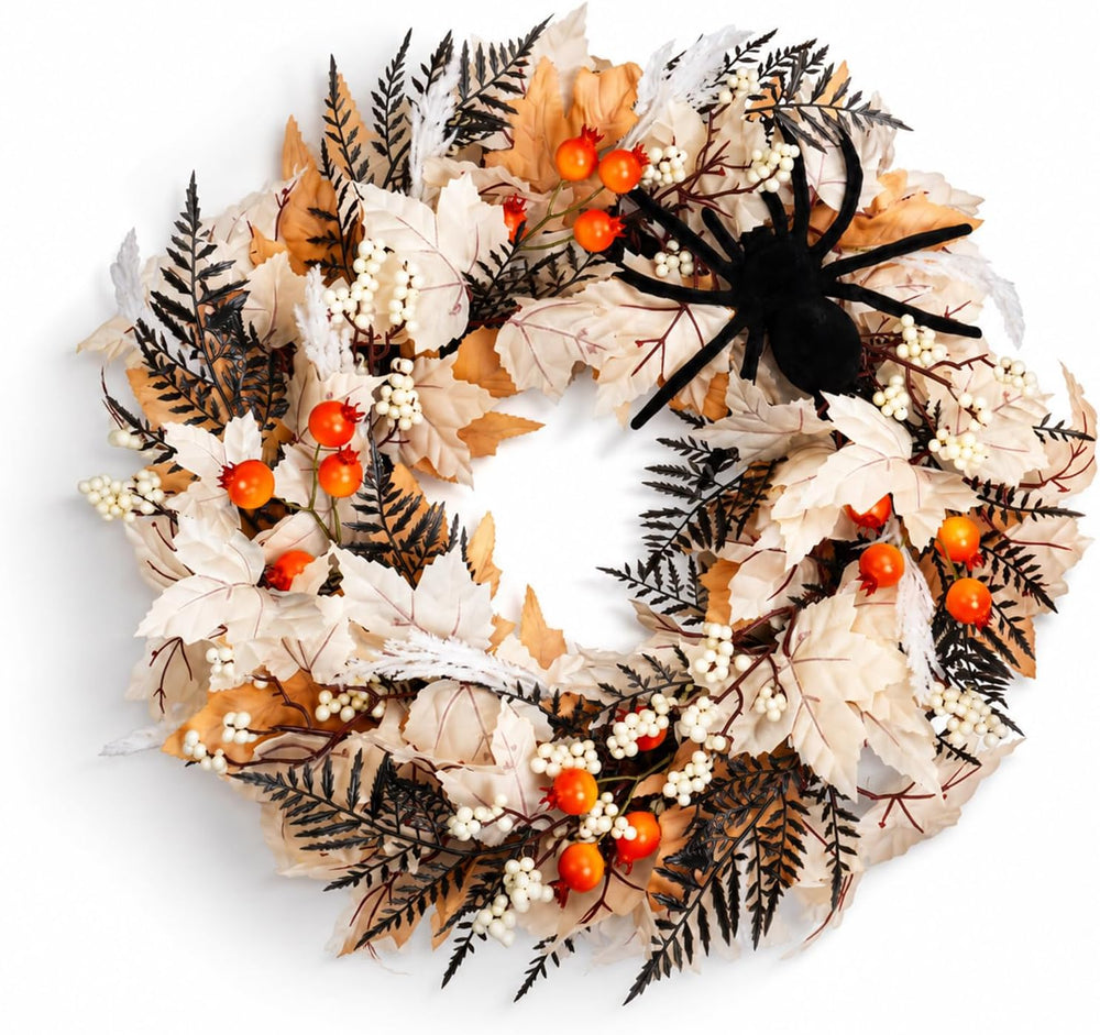 Grooy 22 Inch Halloween Wreath for Front Door with Spider Maple Leaf