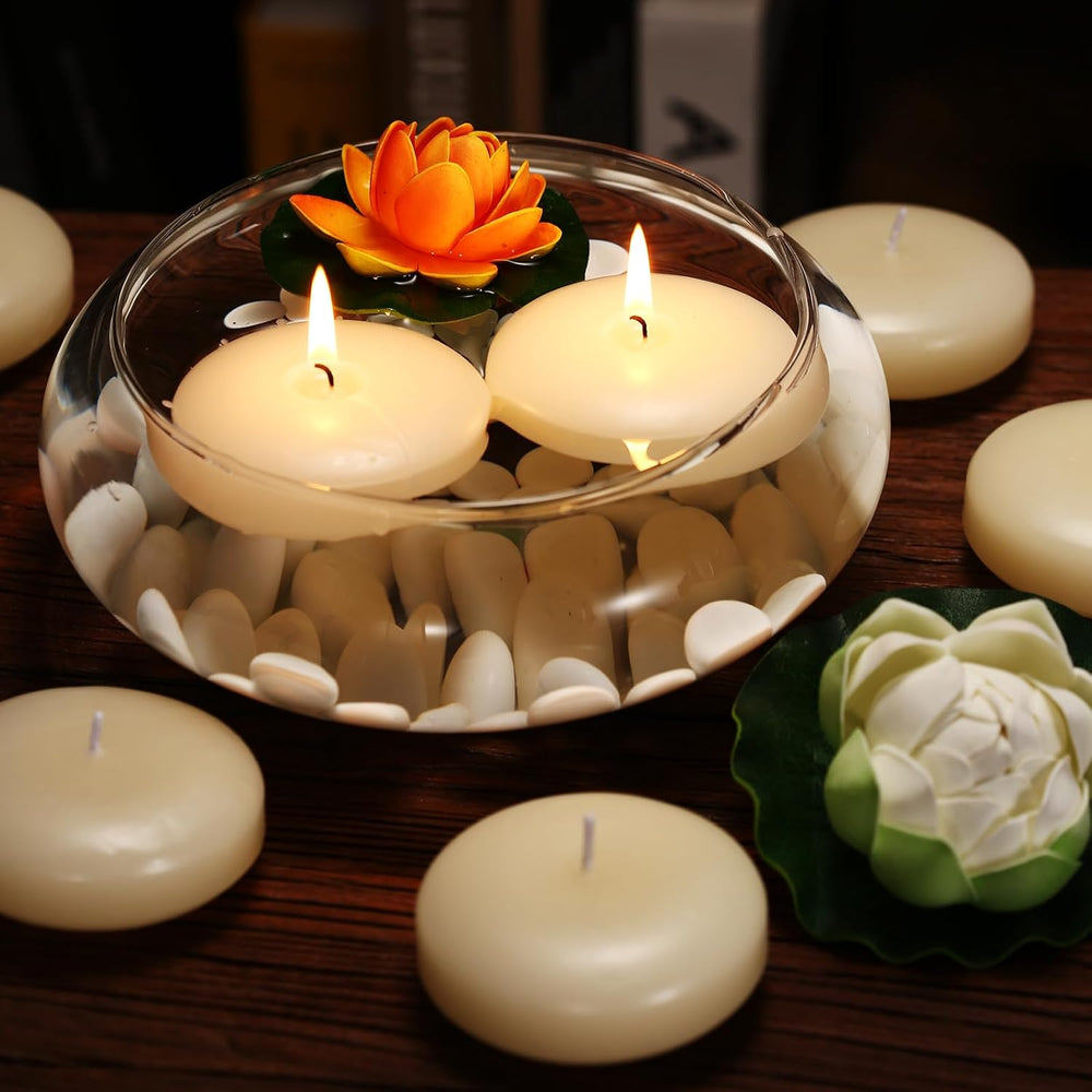 36 Pack Floating Candles, 3” Ivory Unscented Dripless Wax Burning Candles, fo...