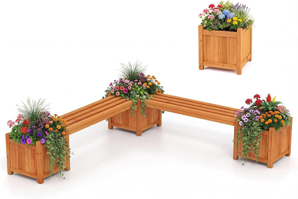 HAPPYGRILL 2-in-1 Outdoor Bench with 2 Raised Garden Beds