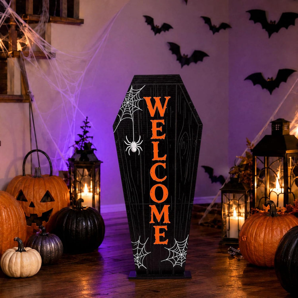 2.95FT Wooden Halloween Coffin Welcome Porch Sign for Front Door