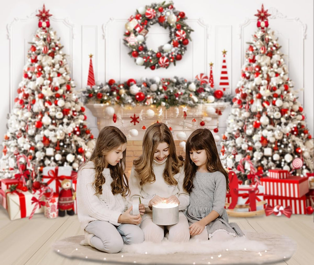 Mocsicka Christmas Fireplace Backdrop, White Red Tree, 10x7ft