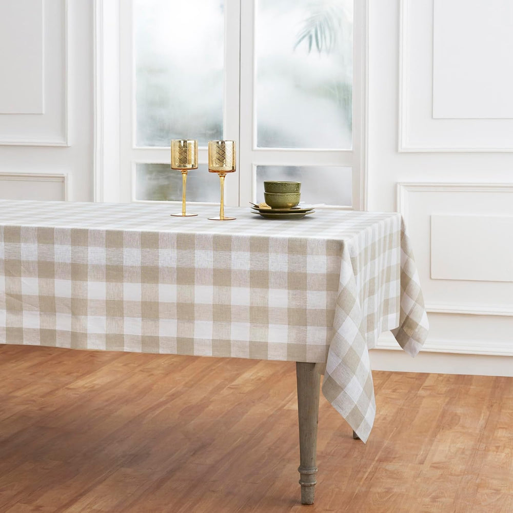 Solino Home 100% Linen Tablecloth, 60 x 144 in, Natural and White Check